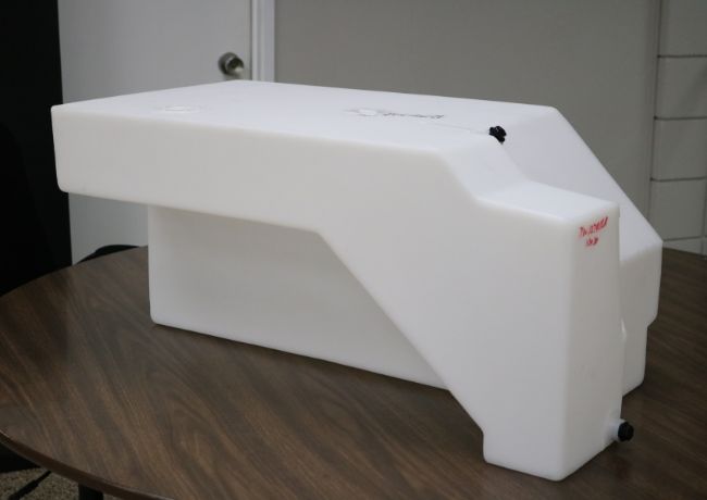 A rotationally molded water tank for RV applications.